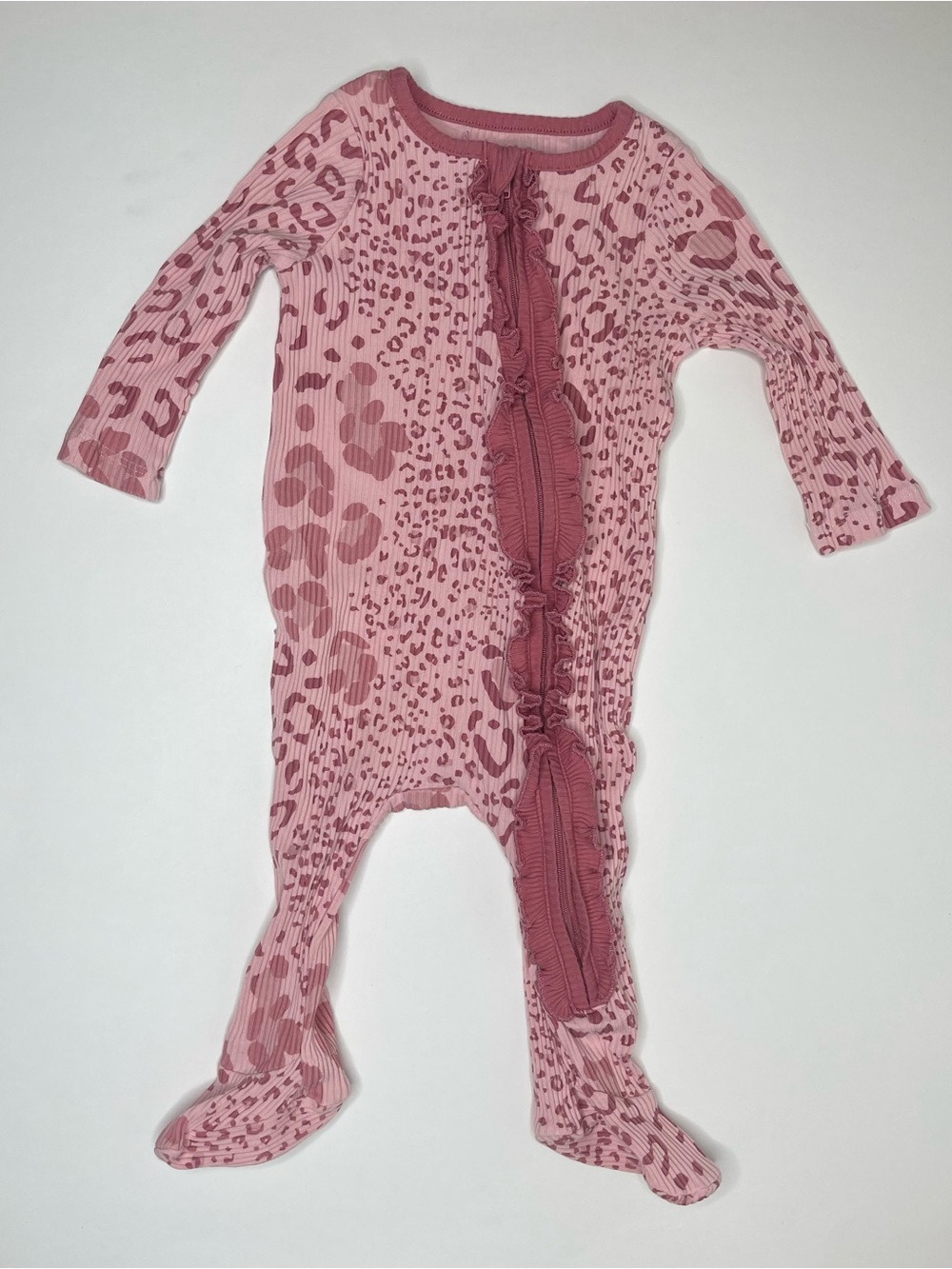 Mud Pie Pink Leopard Print Ribbed Ruffle Zip Footed Sleeper Baby Girl 6–9 Months